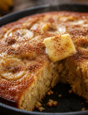 Pão de frigideira com banana douradinho, fofo e polvilhado com açúcar e canela em mesa rústica