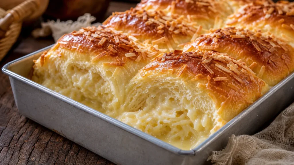 Pão de leite recheado com coco e leite condensado, fofinho e dourado, em forma retangular