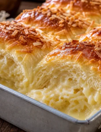 Pão de leite recheado com coco e leite condensado, fofinho e dourado, em forma retangular