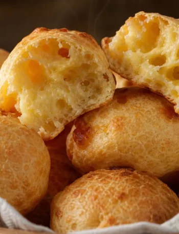 Pão de queijo super fácil e crocante, douradinho por fora e macio por dentro, sobre mesa rústica