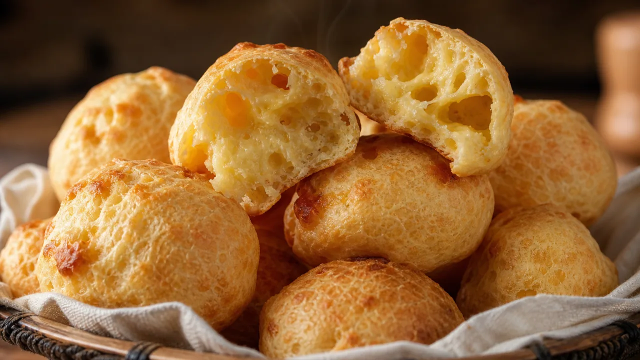 Pão de queijo super fácil e crocante, douradinho por fora e macio por dentro, sobre mesa rústica