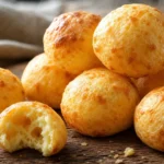 Pão de queijo fofinho e dourado, com interior macio e textura caseira sobre mesa de madeira