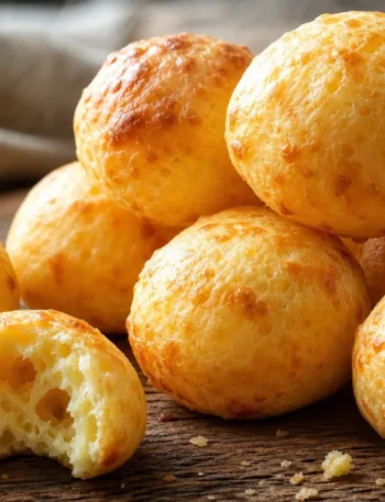 Pão de queijo fofinho e dourado, com interior macio e textura caseira sobre mesa de madeira