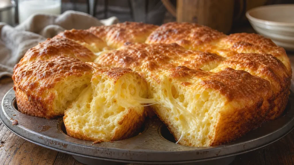 Pão de queijo de liquidificador gigante dourado com interior macio e queijo derretido em mesa rústica