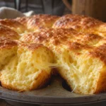 Pão de queijo de liquidificador gigante dourado com interior macio e queijo derretido em mesa rústica