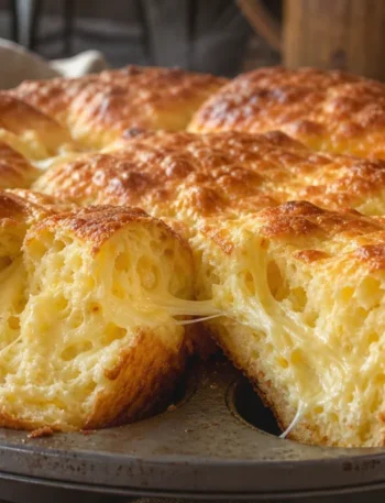 Pão de queijo de liquidificador gigante dourado com interior macio e queijo derretido em mesa rústica