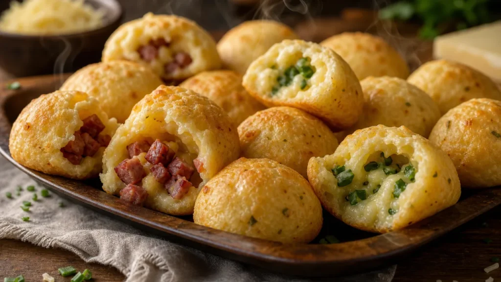 Pão de queijo recheado dourado com calabresa e cheiro-verde sobre mesa rústica