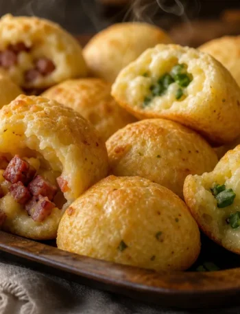 Pão de queijo recheado dourado com calabresa e cheiro-verde sobre mesa rústica