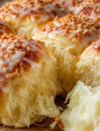 Pão doce fofinho com leite condensado, dourado e coberto com coco ralado sobre mesa de madeira