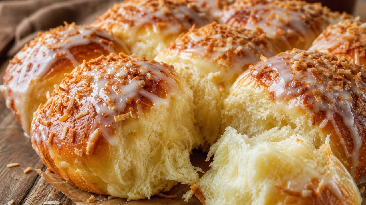 Pão doce fofinho com leite condensado, dourado e coberto com coco ralado sobre mesa de madeira