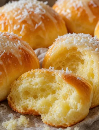 Pão de leite condensado fofinho com leite condensado e coco ralado sobre mesa de madeira