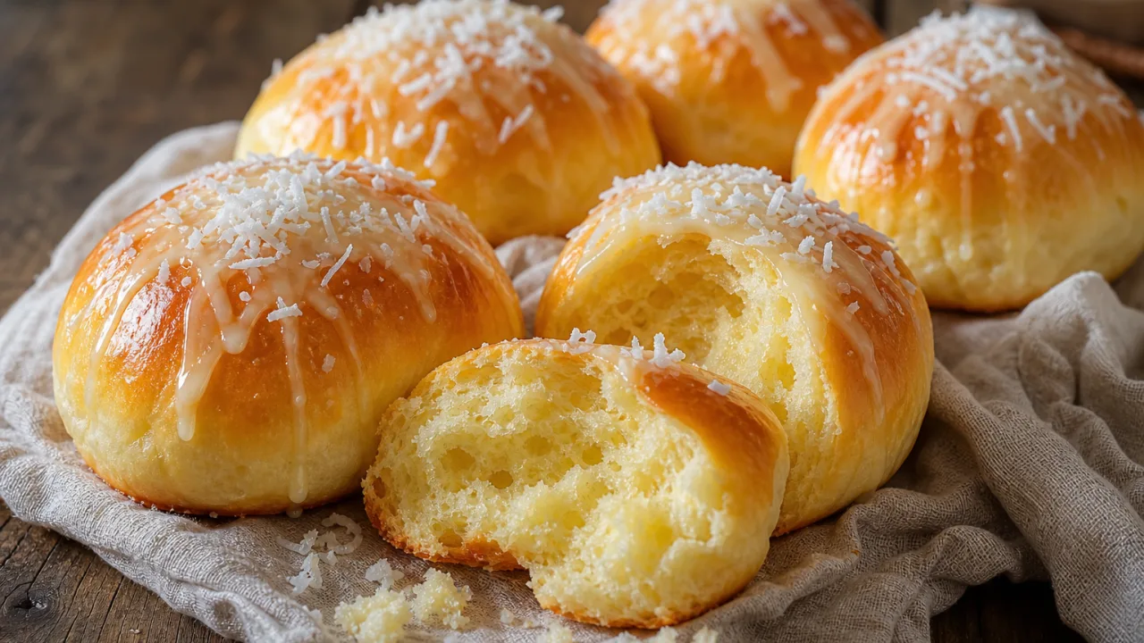 Pão de leite condensado fofinho com leite condensado e coco ralado sobre mesa de madeira