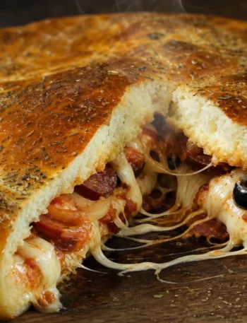 Pão pizza de batata super recheado com mussarela derretida, calabresa, tomate, azeitonas e orégano