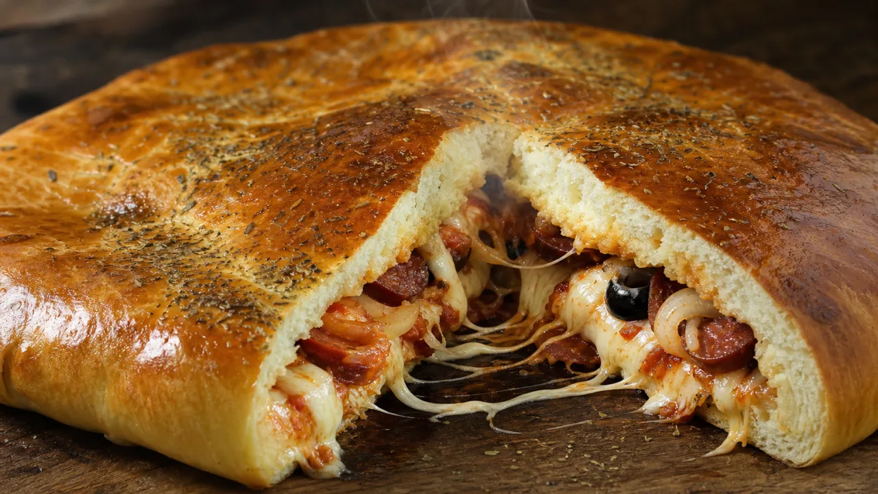 Pão pizza de batata super recheado com mussarela derretida, calabresa, tomate, azeitonas e orégano
