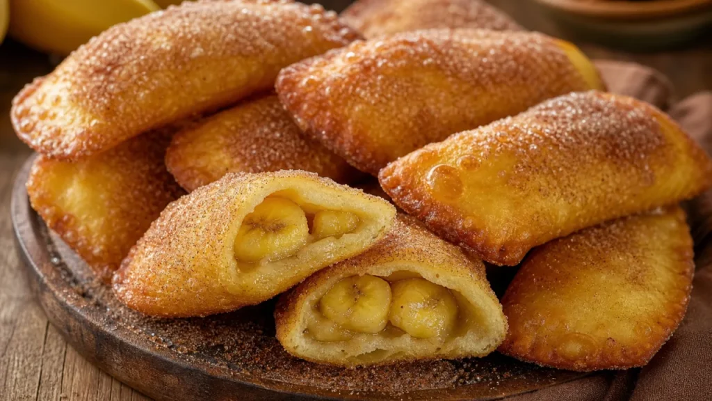 Pastel de banana fofinho dourado com açúcar e canela sobre mesa de madeira