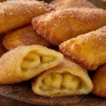 Pastel de banana fofinho dourado com açúcar e canela sobre mesa de madeira