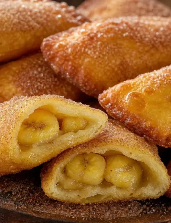 Pastel de banana fofinho dourado com açúcar e canela sobre mesa de madeira
