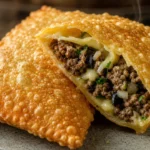 Pastel de feira caseiro e crocante com recheio de carne moída, queijo e ervas frescas