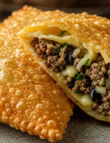 Pastel de feira caseiro e crocante com recheio de carne moída, queijo e ervas frescas