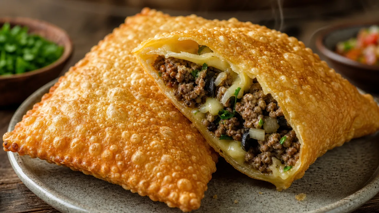 Pastel de feira caseiro e crocante com recheio de carne moída, queijo e ervas frescas