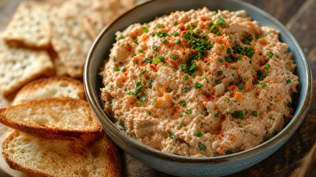 Patê de atum cremoso com cenoura, salsinha e cebolinha servido em tigela rústica com torradas