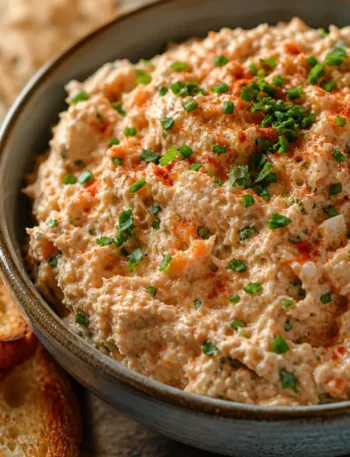Patê de atum cremoso com cenoura, salsinha e cebolinha servido em tigela rústica com torradas