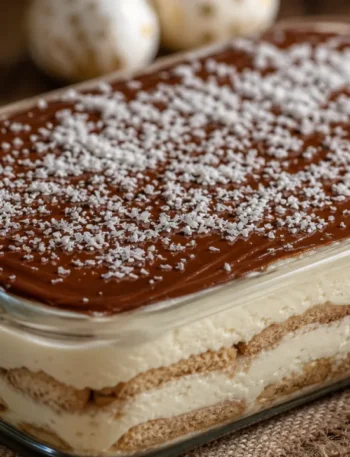Pavê especial sem fogão com camadas cremosas de coco e ganache de chocolate em travessa de vidro