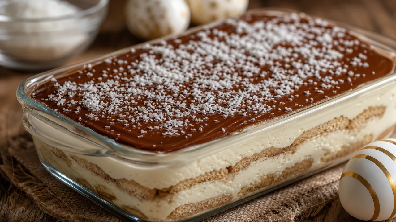 Pavê especial sem fogão com camadas cremosas de coco e ganache de chocolate em travessa de vidro