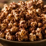 Pipoca de achocolatado crocante em tigela rústica, com cobertura de chocolate em mesa de madeira