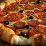 Pizza caseira com borda recheada, calabresa, tomate, azeitonas e orégano sobre mesa de madeira