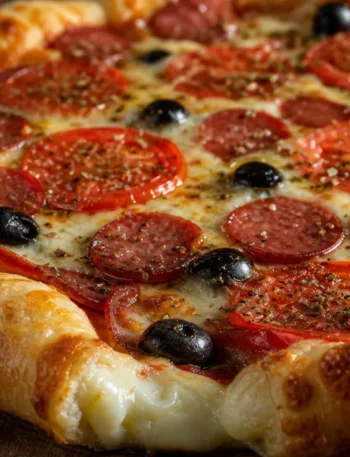 Pizza caseira com borda recheada, calabresa, tomate, azeitonas e orégano sobre mesa de madeira