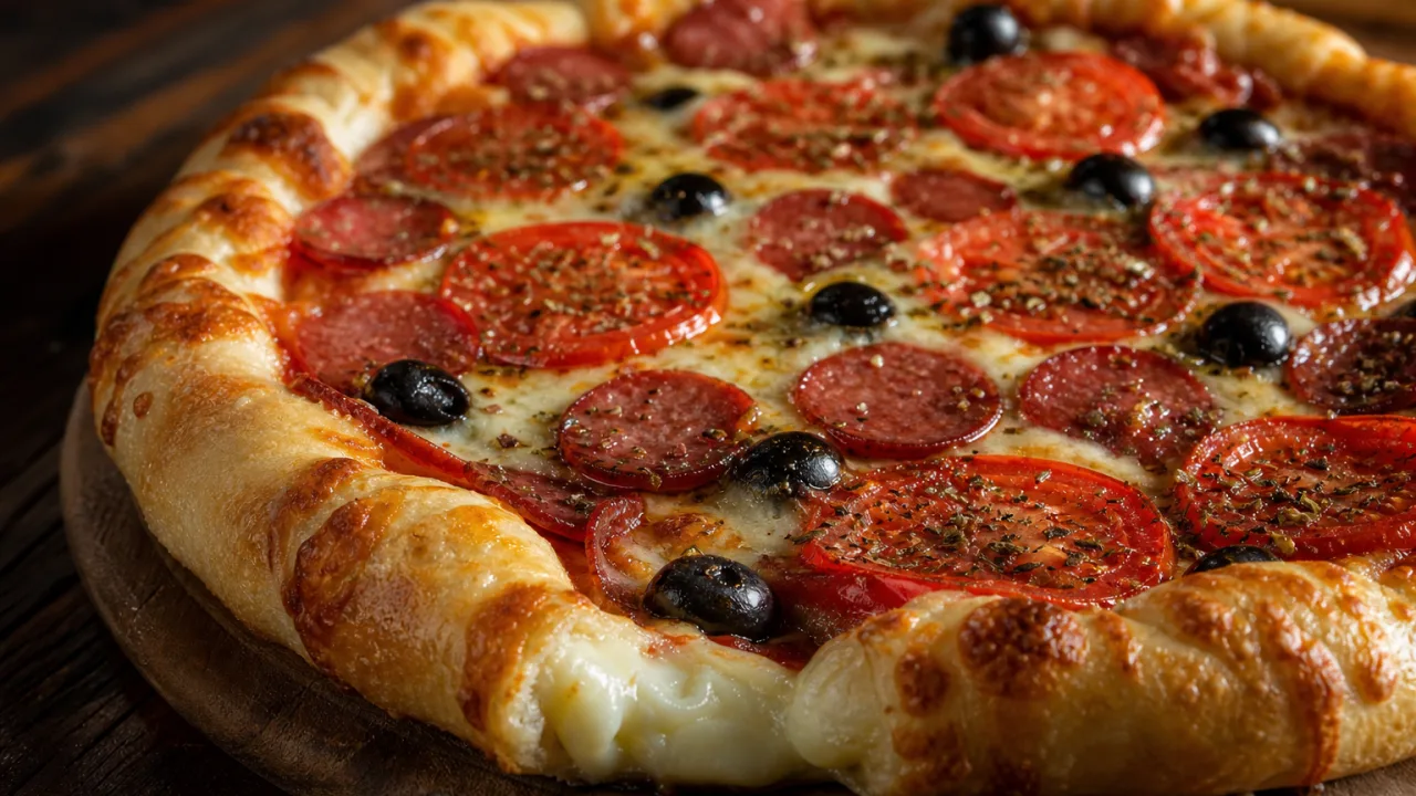 Pizza caseira com borda recheada, calabresa, tomate, azeitonas e orégano sobre mesa de madeira