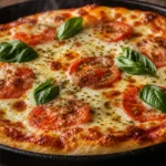 Pizza de frigideira fofinha com mussarela derretida, tomate, manjericão e orégano sobre mesa rústica