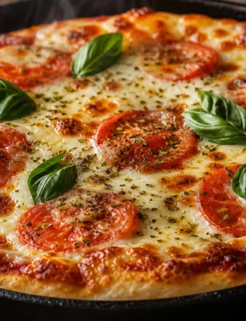 Pizza de frigideira fofinha com mussarela derretida, tomate, manjericão e orégano sobre mesa rústica