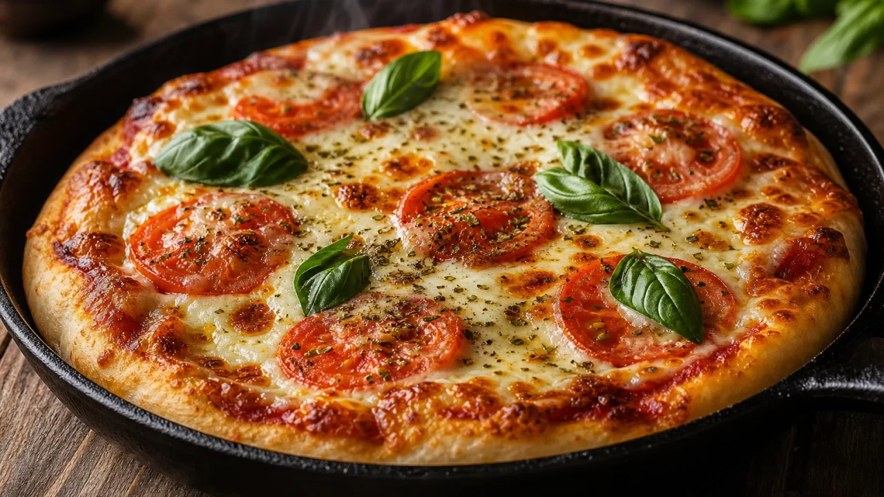 Pizza de frigideira fofinha com mussarela derretida, tomate, manjericão e orégano sobre mesa rústica