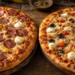Pizza de liquidificador com dois sabores: calabresa e frango, queijo derretido e cobertura cremosa sobre mesa rústica