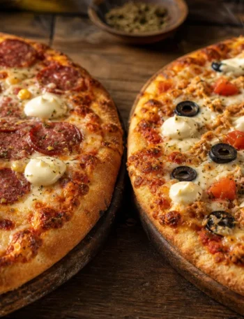 Pizza de liquidificador com dois sabores: calabresa e frango, queijo derretido e cobertura cremosa sobre mesa rústica