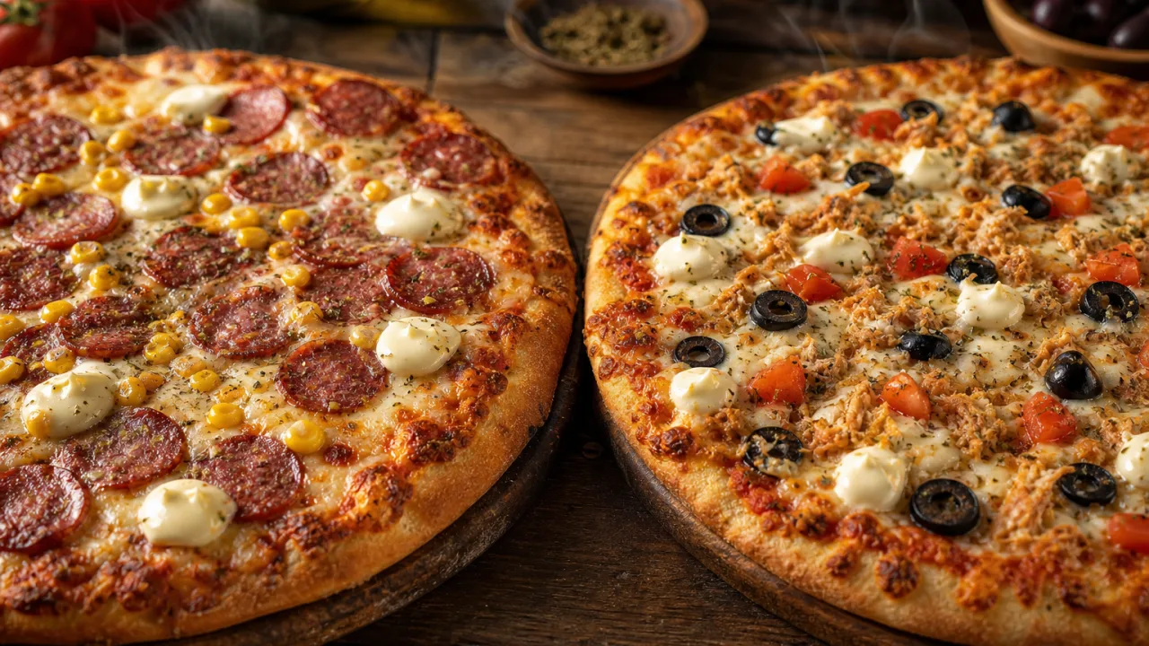 Pizza de liquidificador com dois sabores: calabresa e frango, queijo derretido e cobertura cremosa sobre mesa rústica