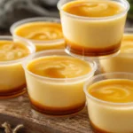 Pudim no copinho cremoso com calda de caramelo, servido em porções individuais sobre mesa rústica