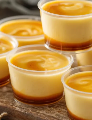 Pudim no copinho cremoso com calda de caramelo, servido em porções individuais sobre mesa rústica