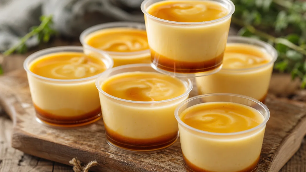Pudim no copinho cremoso com calda de caramelo, servido em porções individuais sobre mesa rústica