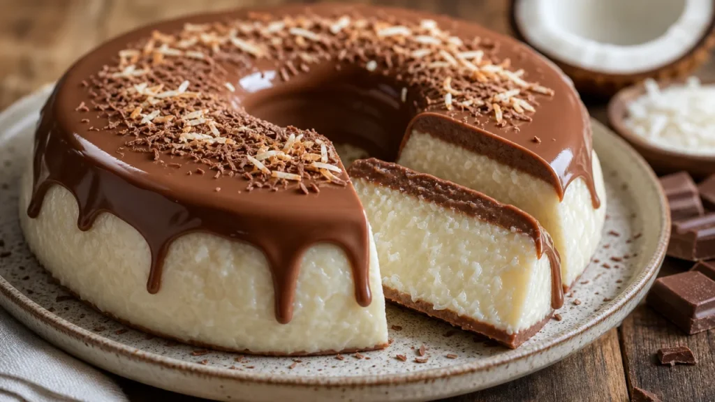 Pudim Prestígio de liquidificador sem forno com coco e cobertura de chocolate brilhante