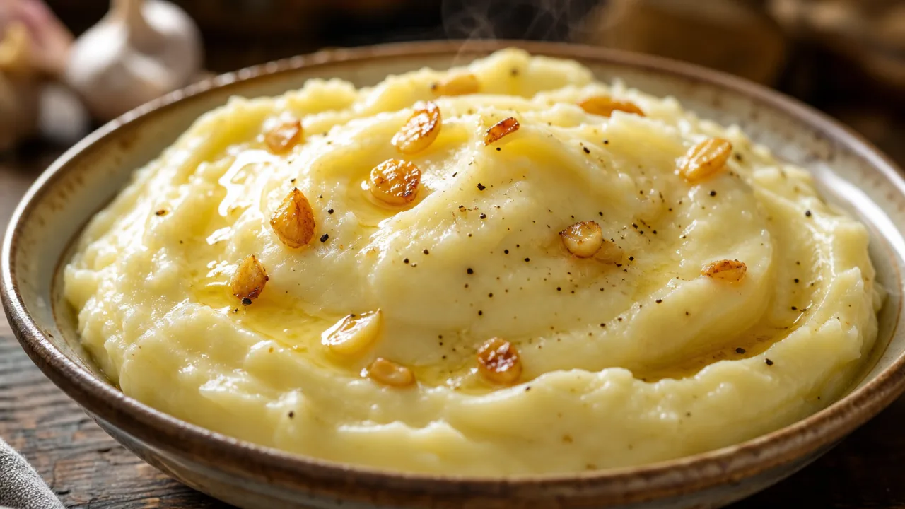 Purê de batata cremoso com alho dourado em tigela rústica sobre mesa de madeira