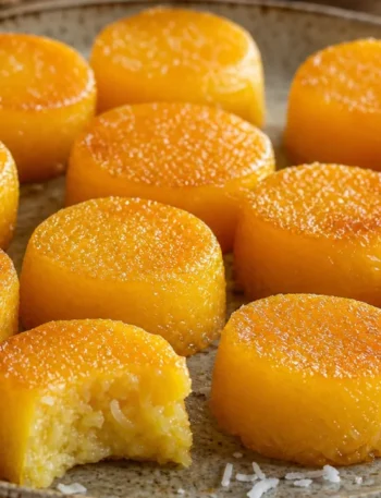 Quindim cremoso e brilhante em porções individuais sobre mesa de madeira
