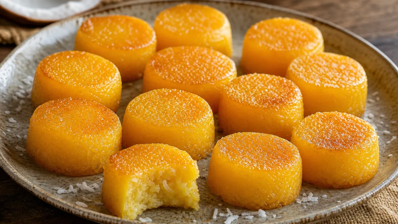 Quindim cremoso e brilhante em porções individuais sobre mesa de madeira
