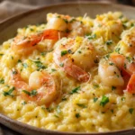 Risoto de camarão cremoso com parmesão, salsinha e toque de limão em prato rústico