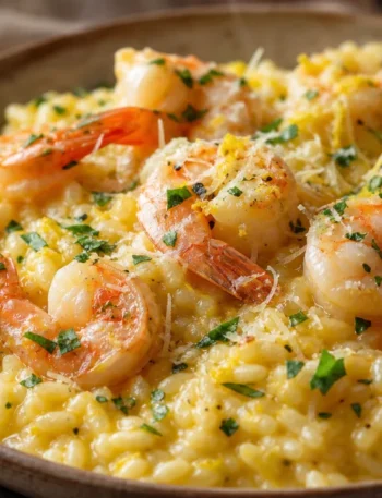 Risoto de camarão cremoso com parmesão, salsinha e toque de limão em prato rústico