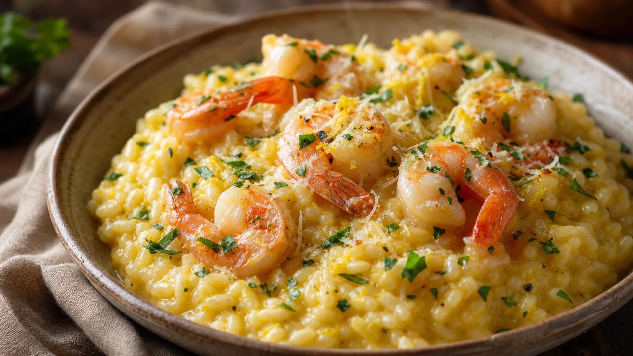 Risoto de camarão cremoso com parmesão, salsinha e toque de limão em prato rústico