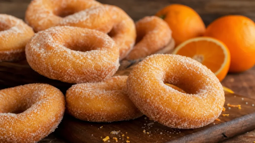 Rosquinha de laranja fofinha, dourada e açucarada sobre mesa de madeira