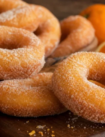 Rosquinha de laranja fofinha, dourada e açucarada sobre mesa de madeira